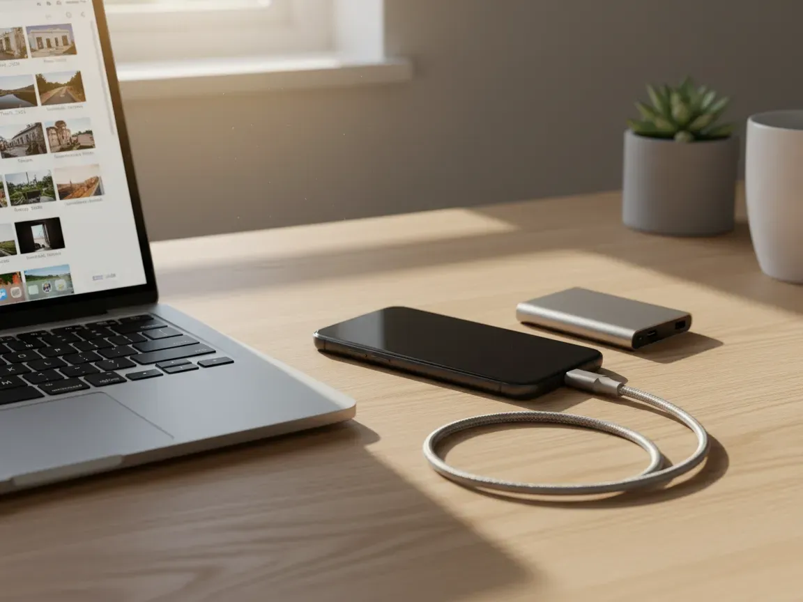 Nowoczesny smartfon połączony kablem USB-C z przenośnym dyskiem SSD na jasnym drewnianym biurku, obok laptopa z folderami zdjęć.